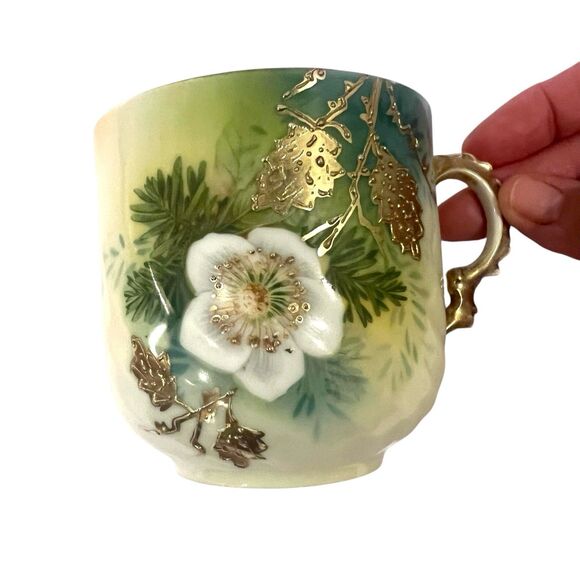 Antique PRUSSIA GERMANY Porcelain Green White Flower Raised Gold Leaves Tea Cup - Picture 7 of 8